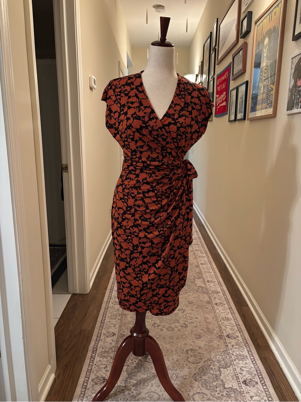Amazon Essentials Rust and Black Floral Wrap Midi Dress